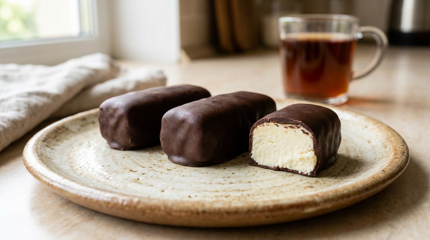 Glazed curd bars on a plate, one broken open to show the sweet tvorog filling inside