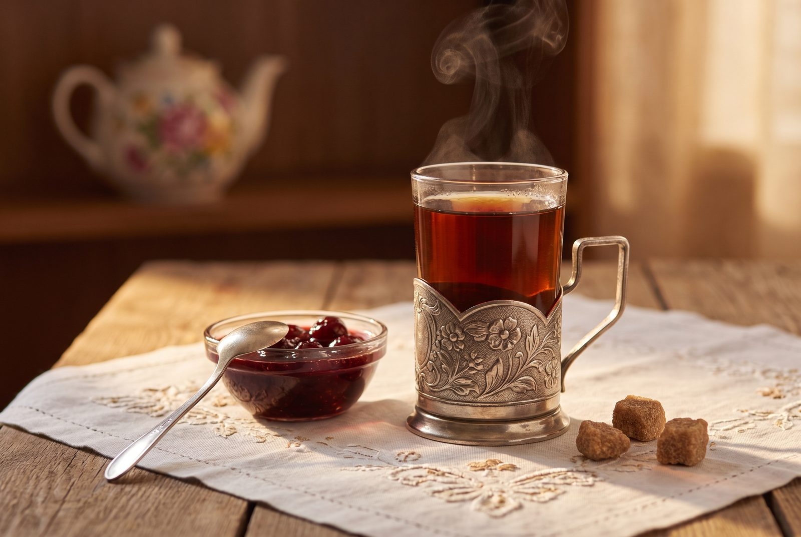 A glass of hot black tea in a metal podstakannik holder beside a dish of dark red cherry preserve